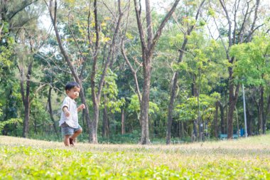 Küçük Asyalı çocuk ilk kez şehir parkında çayırda yürüyen mutlu çocuk.