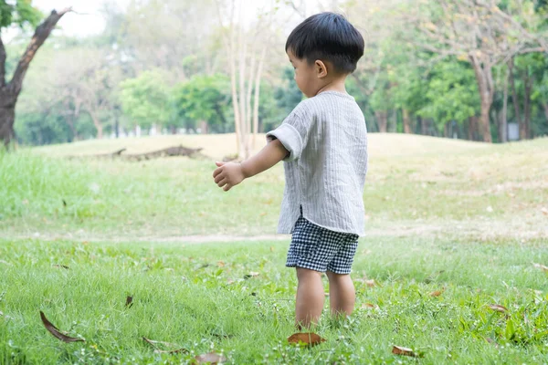 Küçük Asyalı Çocuk Ilk Kez Şehir Parkında Çayırda Yürüyen Mutlu — Stok fotoğraf