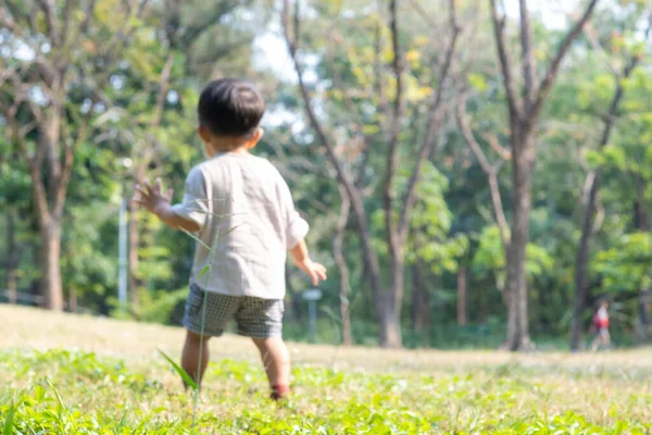 Tuddler Asiatisk Pojke Första Promenaden Ängen Stadsparken Lycklig Pojke — Stockfoto