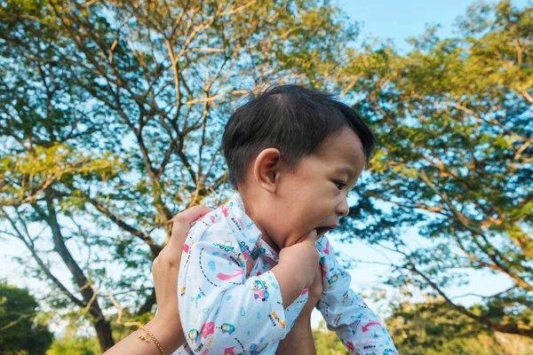 ママ手持ち上げ幸せな1年赤ちゃん男の子で木公園朝日の出 — ストック写真