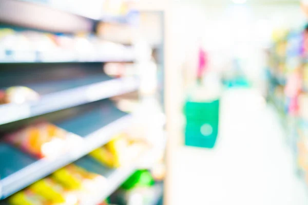 Blurred supermarket food on shelf aisle with bokeh business background