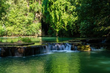 Waterfall in deep tropical rain forest green tree nature scenery