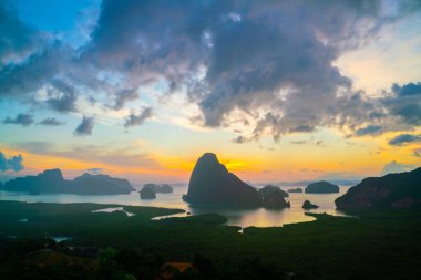 Mountain sunrise on mangrove forest sea bay sky cloud sightseeing travel in Phangnga Thailand