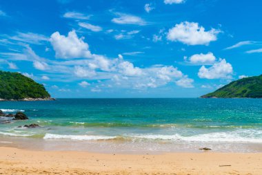 Serenity white snad sea wave beach against blue sky with cloud summer vacation