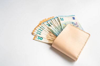 Beyaz arka plan iş finans nesnesinde deri cüzdanda çeşitli euro para