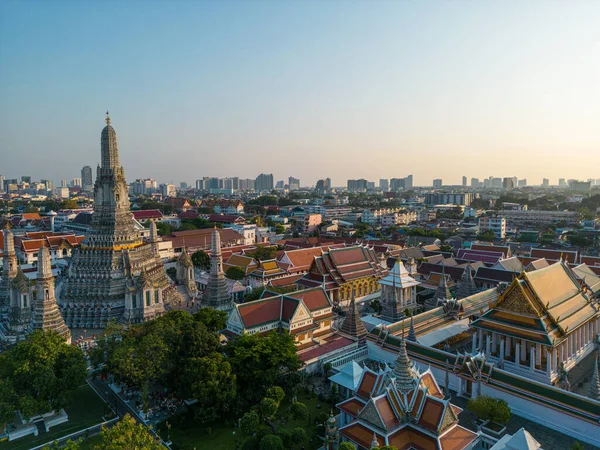 Widok Lotu Ptaka Świątynia Świtu Wat Arun Zachód Słońca Światło — Zdjęcie stockowe