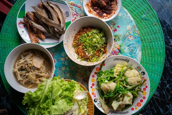Hagyományos Helyi Északi Thai Mix Élelmiszer Lemez Tetején Néz Lefelé — Stock Fotó