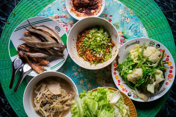 Tradicional Local Norte Tailandês Misturar Alimentos Topo Disco Olhar Para — Fotografia de Stock