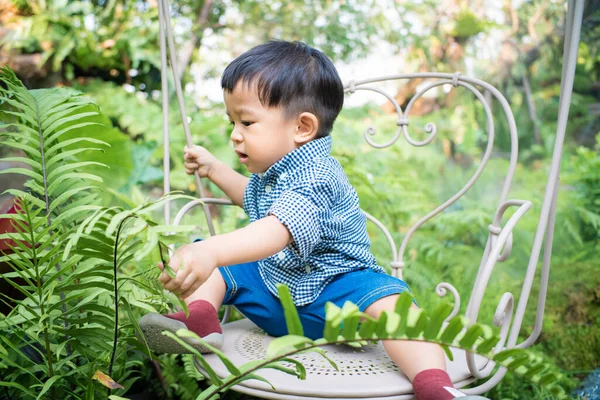 Küçük Asyalı Çocuk Bahçede Oynuyor — Stok fotoğraf