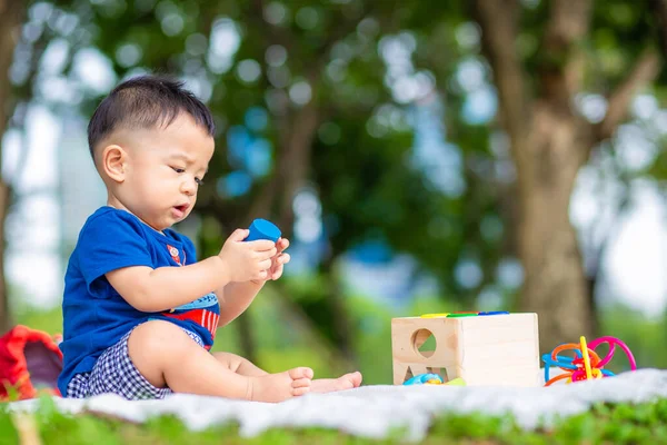 Küçük Asyalı Çocuk Şehir Parkında Tahta Oyuncakla Oynuyor Açık Hava — Stok fotoğraf
