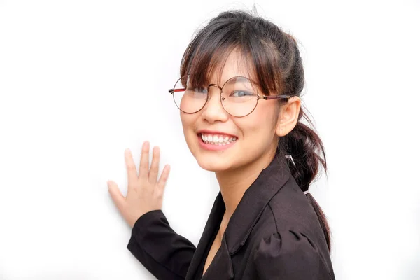 Business Asiatiska Kvinnor Fälls Glad Vit Bakgrund Formell Kostym — Stockfoto
