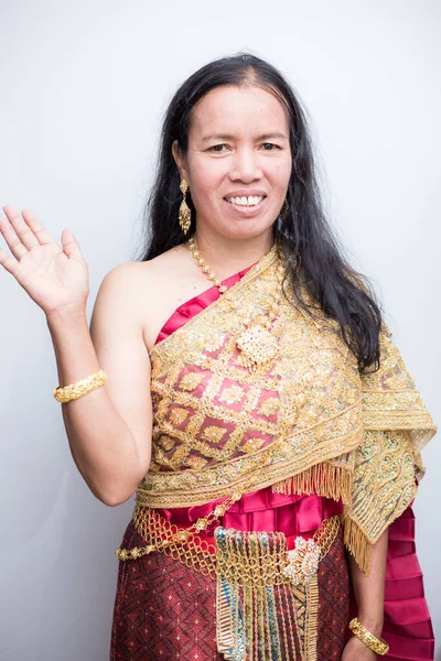 stock image Portrait beautiful of asian middle age women with traditional Thai style suit on white background