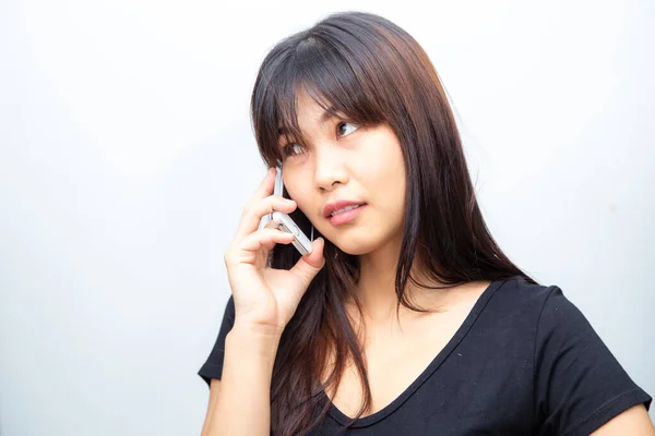 Business Asian Women Use Smartphone Call White Background Beautiful Women — Stock Photo, Image
