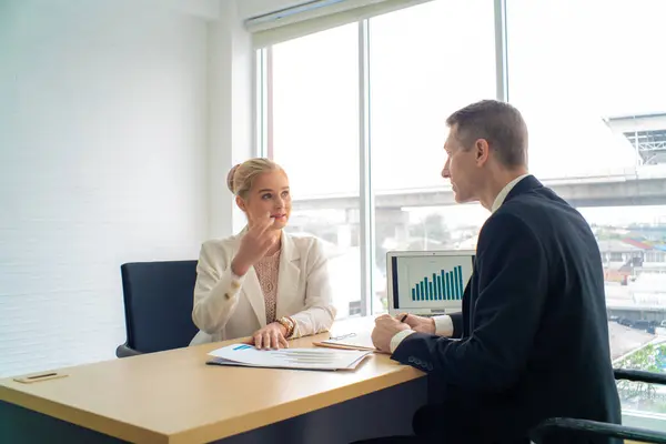 stock image Professional business boss talking with secretary in modern office with waindow business explain