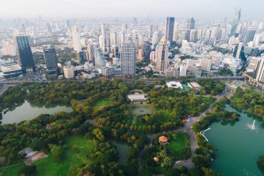 Sathorn bölgesi SBangkok 'taki Lumpini Park' taki yeşil ağaçların havadan görünüşü. Gökdelen binaları