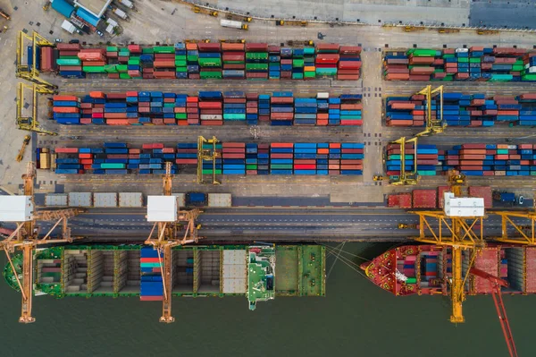 stock image Logistic container shipping import and export pier with crane aerial view