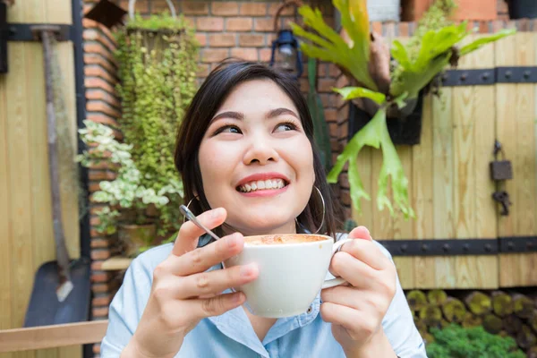 Portrait Asian Women Hold Cup Hot Latte Coffee Smiling Cafe — Stock Photo, Image