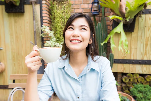 Portrait Asian Women Hold Cup Hot Latte Coffee Smiling Cafe — Stock Photo, Image