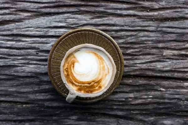 Hot Latte Art Coffee Bark Wooden Table — Stock Photo, Image