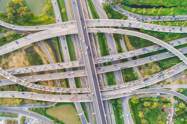 stock image Aerial view of intersection crossroad with cars and buildings, Transport concept