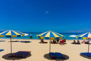 Deniz sahilinde plaj sandalyeleri ve şemsiyeler mavi gökyüzüne karşı, yaz tatili