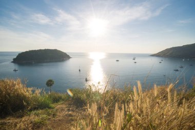 Phuket Adası 'nda gün batımı. Sarı otlu turkuaz deniz suyu, yaz tatili konsepti.