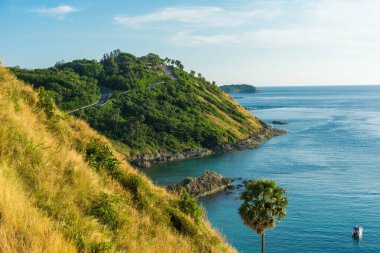 Phuket Adası 'nda gün batımı. Sarı otlu turkuaz deniz suyu, yaz tatili konsepti.
