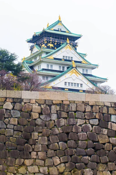 Castelo Osaka Bonito Templo Japonês Verde Inverno Árvores Florestais Jardim — Fotografia de Stock