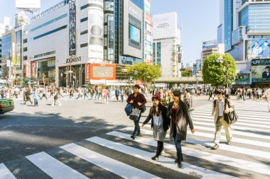 Tokyo, Japonya - 24 Ekim 2016: Tokyo Shibuya geçerken, kimliği belirsiz insanlar yürümek. Ekim 24,2016. 221,801 nüfusu ve 14,679.09 insanlar sqkm başına nüfus yoğunluğu vardır