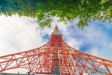 Tokyo kule mavi gök yeşil ağaç yaprak ön plan, Modern mimarisi ile güneş günü