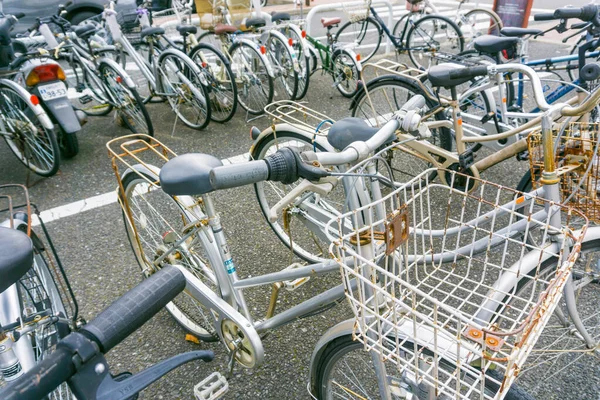 Group of old bikes parking in Kawaguchigo station, Japan
