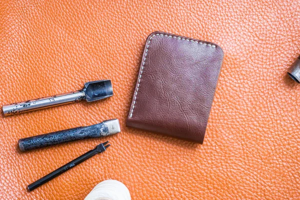 Leather Craft Wallet Working Tool Leather Craftman Work Desk — Stock Photo, Image
