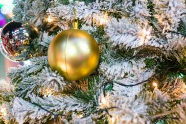 Geceleyin takılarla süslenmiş çam ağacı dalı Mutlu noeller Bokeh arka planını bulanıklaştırdı