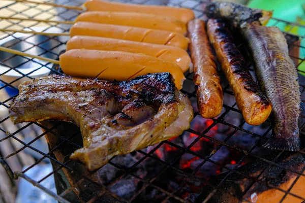 Salsichas Frango Grelhadas Fogo Carvão Com Carne Porco — Fotografia de Stock
