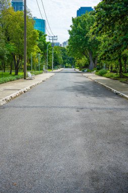 Asplalt, yeşil ağaç ormanı ve ofis yapım geçmişiyle birlikte şehir parkında yürüyüş yapıyor.