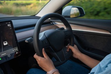 Gezgin kadın sürücünün araba ekranında navigatör kullanırken modern araba tatili günbatımı ışığı sürüşünün yan görüntüsü