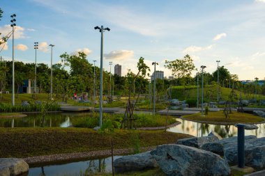 Yeşil şehir parkı tropik ağaç ormanı gökyüzü bulutlu Bangkok Tayland