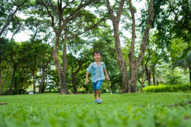 Asyalı anaokulu çocuğu şehir parkındaki yeşil tropikal ağaç ormanlarında geziyor.