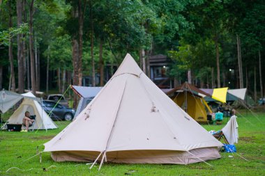 Yeşil çimlerin üzerinde kamp çadırı. Tropik orman yürüyüşü. Doğada yolculuk.