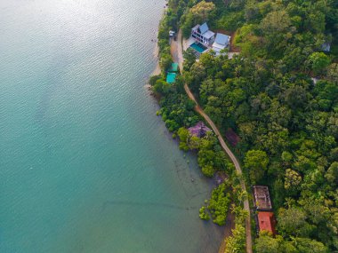 Hava manzaralı deniz plajı yeşil ağaçlı beyaz kumlu kumsal yaz tatili arka planında.