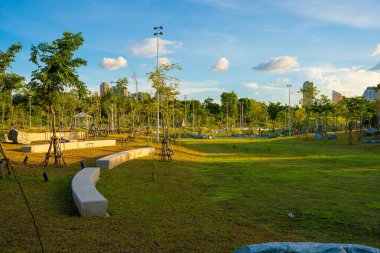 Şehir merkezindeki şehir parkında çayır yeşili çimenler. Gün batımında gökyüzü bulutlu Bangkok Thaialand.