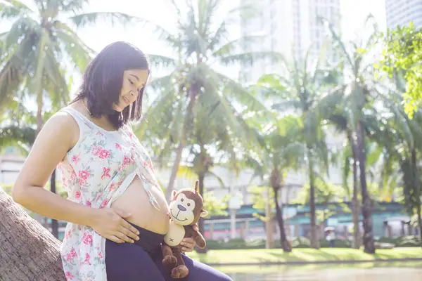 Genç, mutlu, hamile, Asyalı kadınlar parkta oyuncak bebekle rahatlıyor.