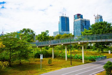 Cityscape of modern office building with tropical rainforest blue sky with clouds, Benchakitti city park, Bangkok Thailand clipart
