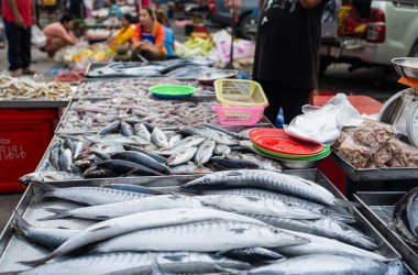 Taze deniz ürünleri geleneksel Asya pazarında satılıyor Tayland