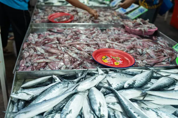 Fresh seafood variety fish sell in traditional asian market Thailand