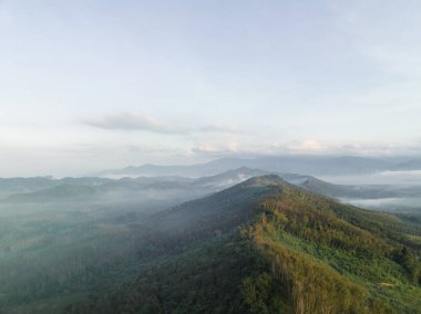 Hava dağının zirvesi, bulutlu doğa manzaralı tropikal yağmur ormanı gökyüzü.