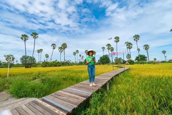 stock image Asian business farmer woman use drone flying over rice field smart farming technology agricultural industry