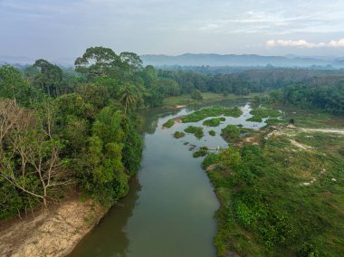 Tropikal yağmur ormanları içinden geçen hava manzaralı kanal nehri. Gün doğumu doğa ekoloji sistemi.