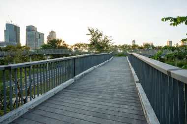 Yeşil Ağaç Şehri 'ndeki yol şehir yolu inşaatı ile halka açık park günbatımı ışığı
