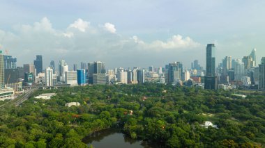 Yeşil halka açık park Lumpini Bangkok Tayland 'lı havacılık manzaralı ofis binası.